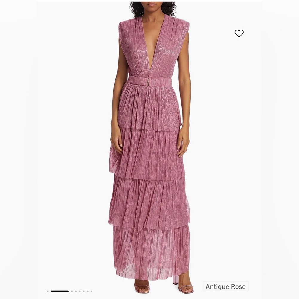 Sabina Musayev Skylar Tiered Belted Mettalic Gown in Antique Rose